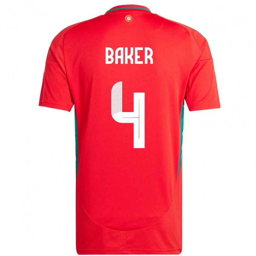 Danxen Dětské Wales Matthew Baker #4 Červený Domů Hráčské Dresy 24-26 Dres
