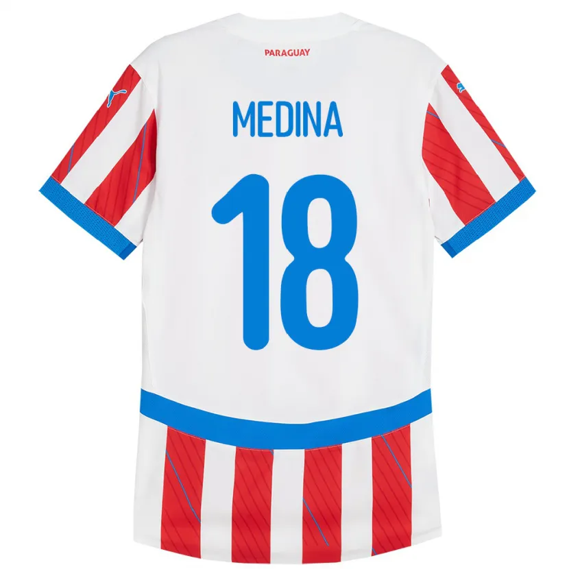 Danxen Dámské Paraguay Jesús Medina #18 Bílá Červená Domů Hráčské Dresy 24-26 Dres