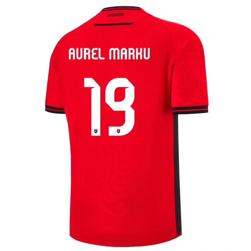 Danxen Dětské Albánie Aurel Marku #19 Červená Černá Domů Hráčské Dresy 26-28 Dres