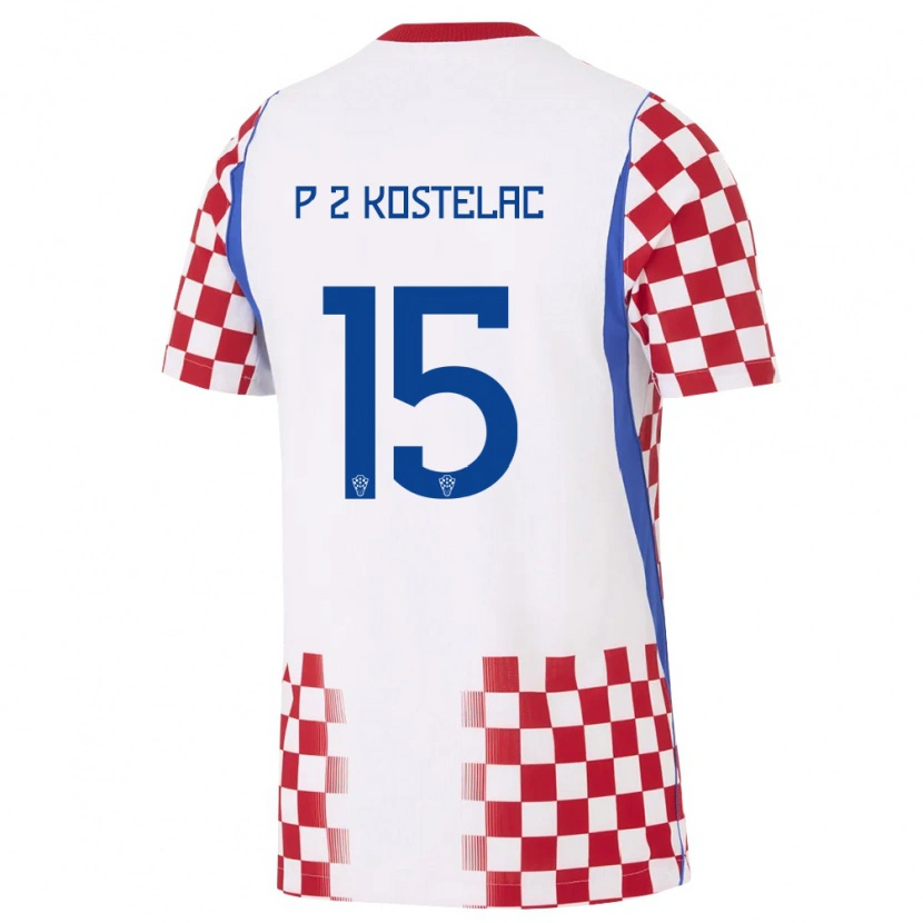 Danxen Dětské Chorvatsko Petar Zvonimir Kostelac #15 Bílá Červená Modrá Domů Hráčské Dresy 26-28 Dres