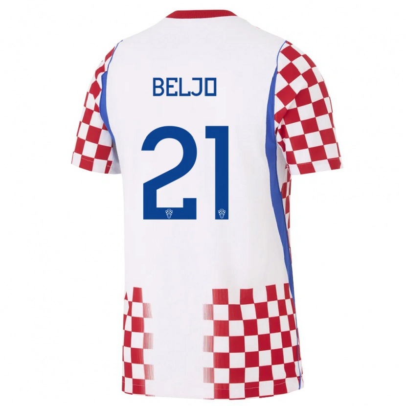 Danxen Dětské Chorvatsko Dion Beljo #21 Bílá Červená Modrá Domů Hráčské Dresy 26-28 Dres