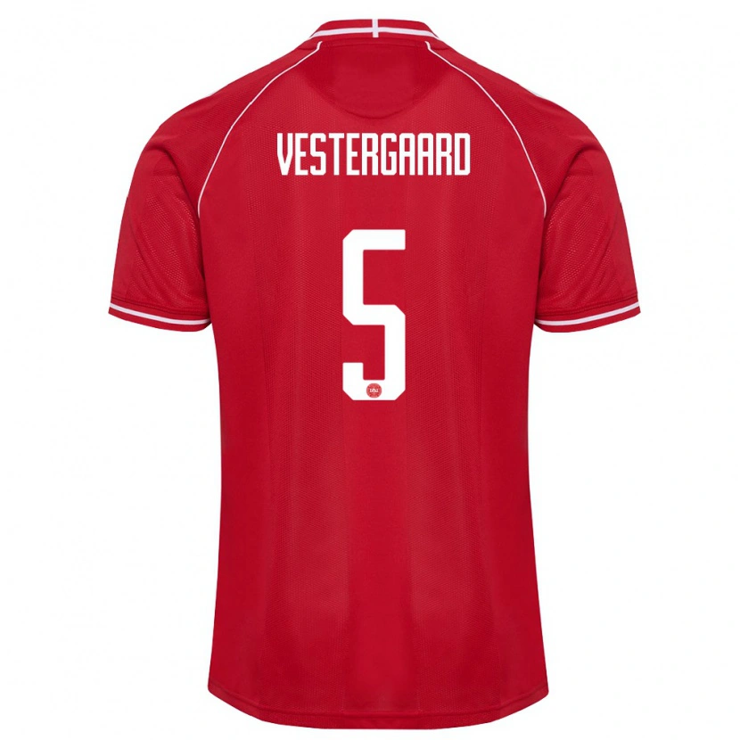 Danxen Dětské Dánsko Frederik Vestergaard #5 Červená Bílá Domů Hráčské Dresy 26-28 Dres