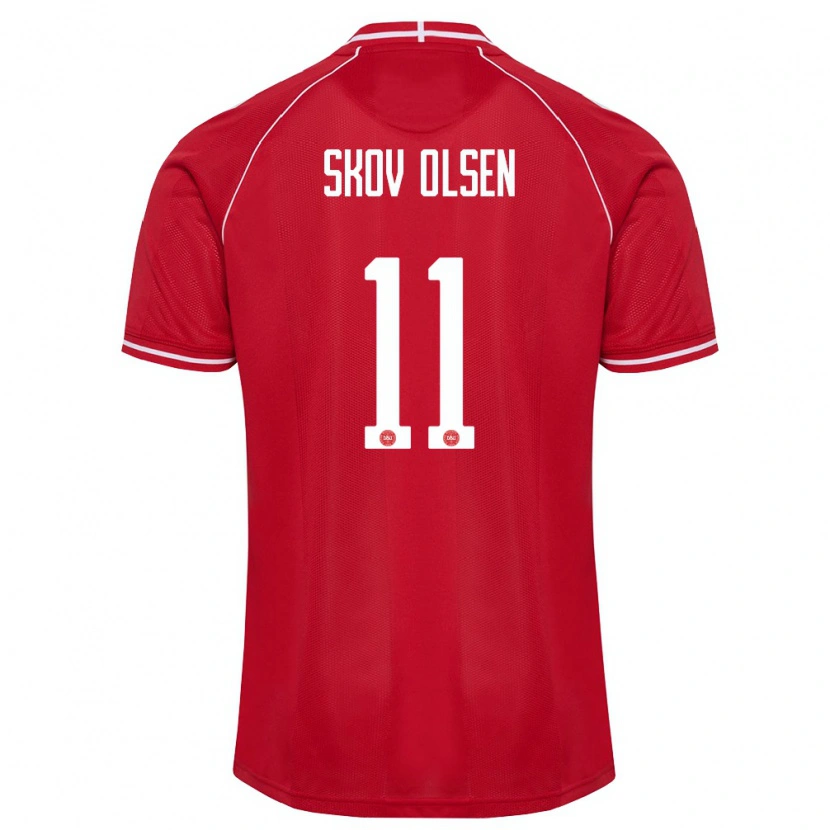 Danxen Dětské Dánsko Andreas Skov Olsen #11 Červená Bílá Domů Hráčské Dresy 26-28 Dres
