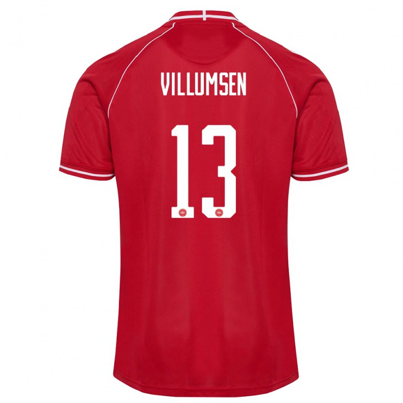 Danxen Dětské Dánsko Elias Villumsen #13 Červená Bílá Domů Hráčské Dresy 26-28 Dres