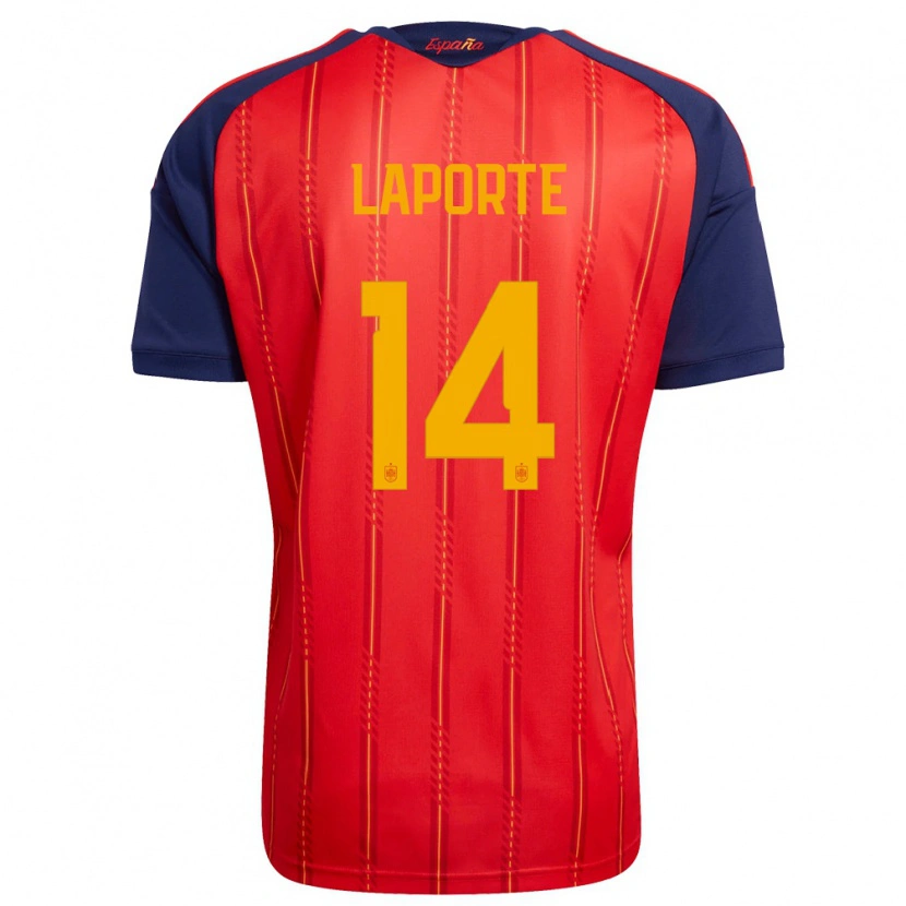 Danxen Dětské Španělsko Aymeric Laporte #14 Červená Námořnická Žlutá Domů Hráčské Dresy 26-28 Dres