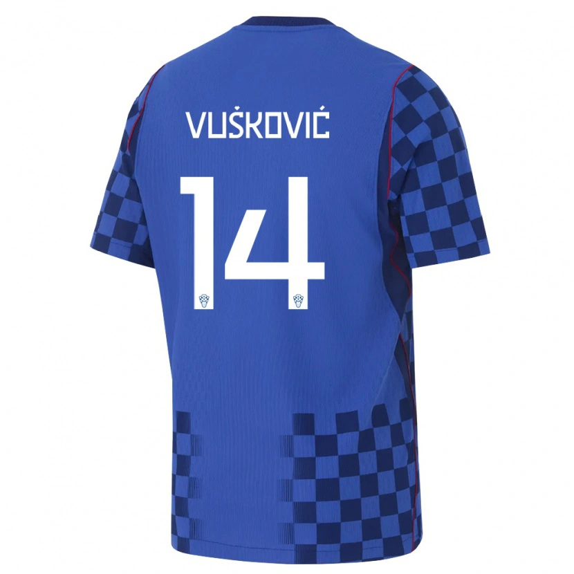 Danxen Dětské Chorvatsko Mario Vuskovic #14 Modrá Námořnická Červená Daleko Hráčské Dresy 26-28 Dres