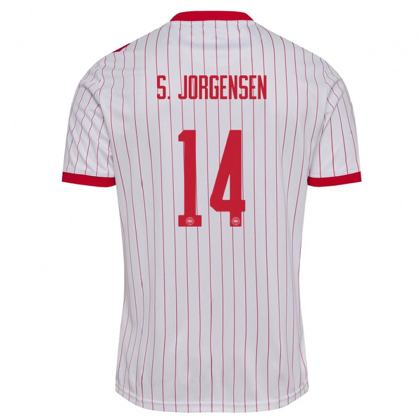 Danxen Dětské Dánsko Sebastian Jorgensen #14 Bílá Červená Daleko Hráčské Dresy 26-28 Dres