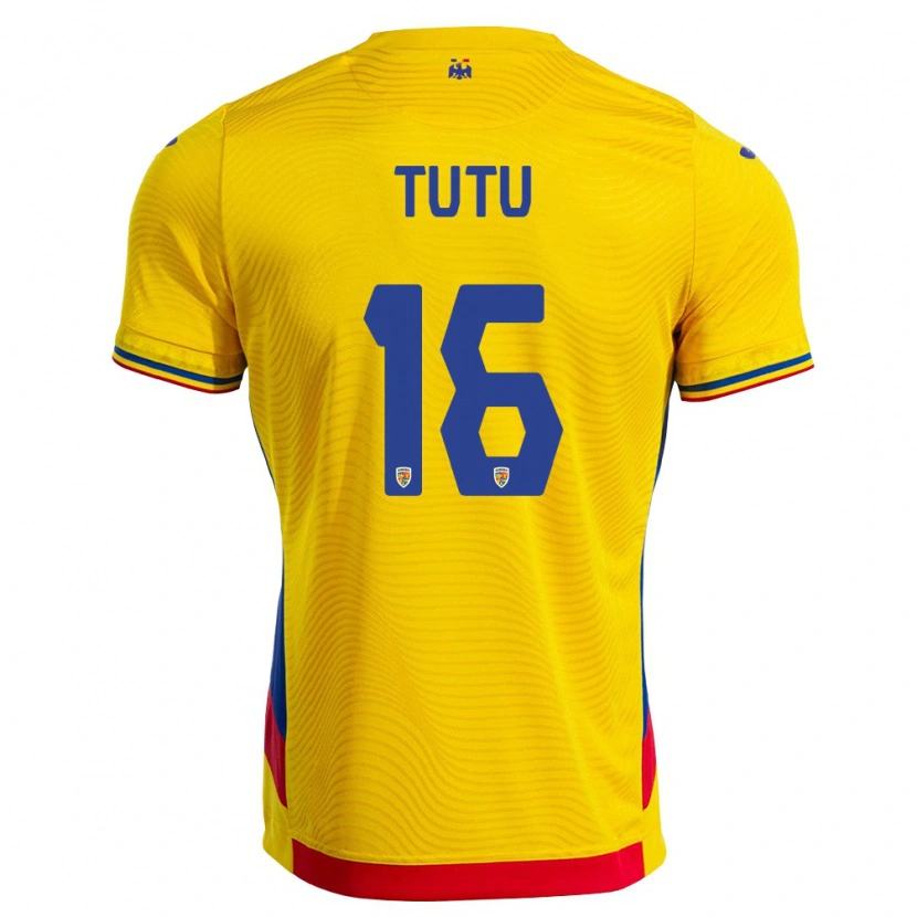 Danxen Pánské Rumunsko Mark Țuțu #16 Žlutá Červená Domů Hráčské Dresy 26-28 Dres