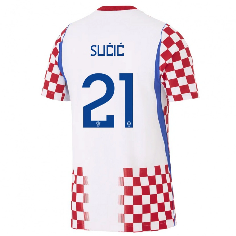 Danxen Dámské Chorvatsko Luka Sucic #21 Bílá Červená Modrá Domů Hráčské Dresy 26-28 Dres