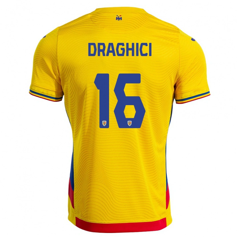 Danxen Dámské Rumunsko Robert Drăghici #16 Žlutá Červená Domů Hráčské Dresy 26-28 Dres