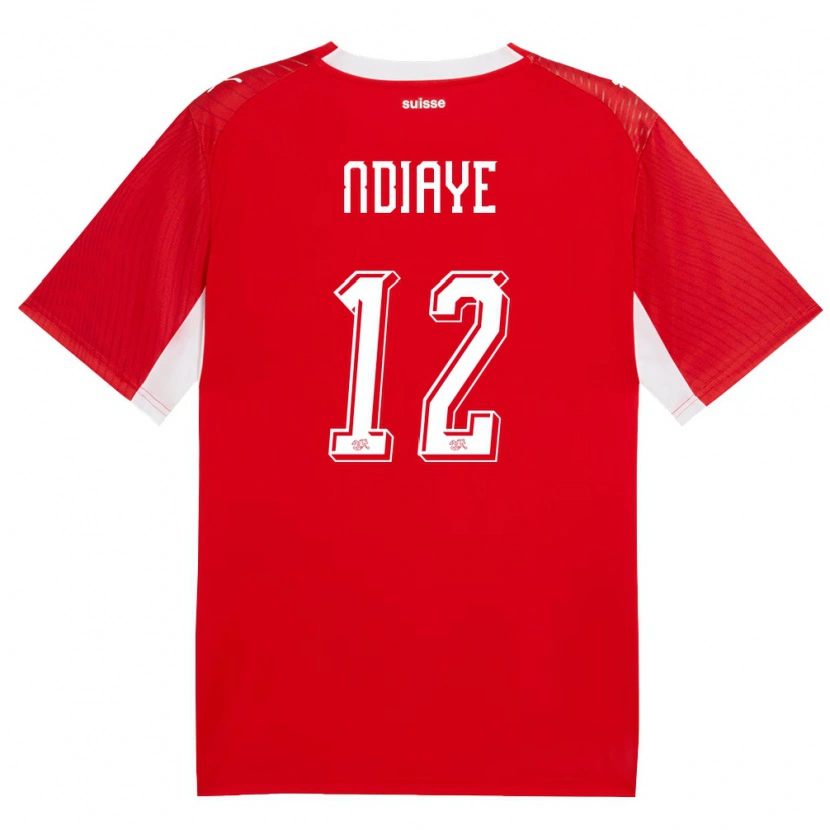 Danxen Dětské Švýcarsko Ahmadou Ndiaye #12 Červená Bílá Domů Hráčské Dresy 26-28 Dres