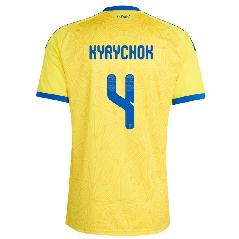 Danxen Dětské Ukrajina Mykola Kyrychok #4 Žlutá Modrá Domů Hráčské Dresy 26-28 Dres