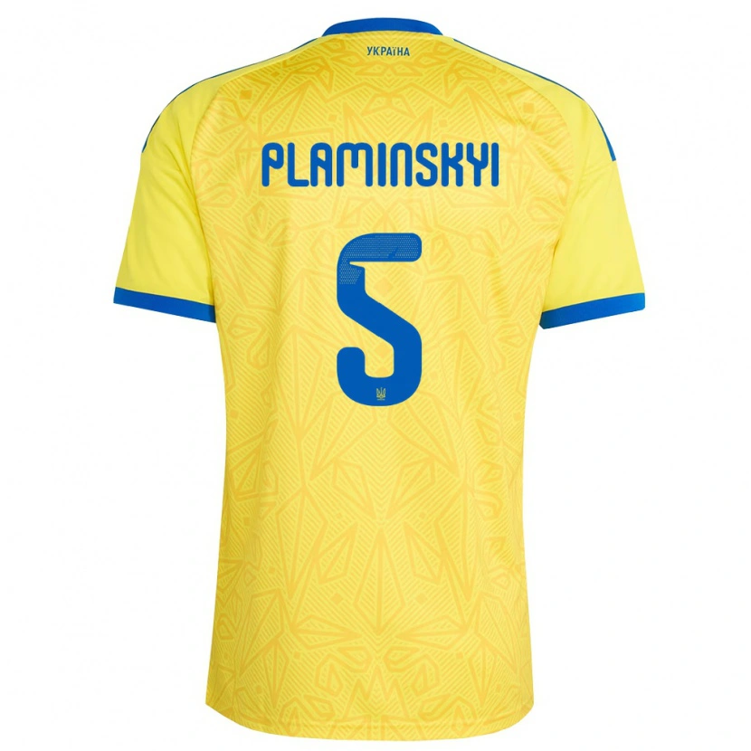 Danxen Dětské Ukrajina Denys Plaminskyi #5 Žlutá Modrá Domů Hráčské Dresy 26-28 Dres