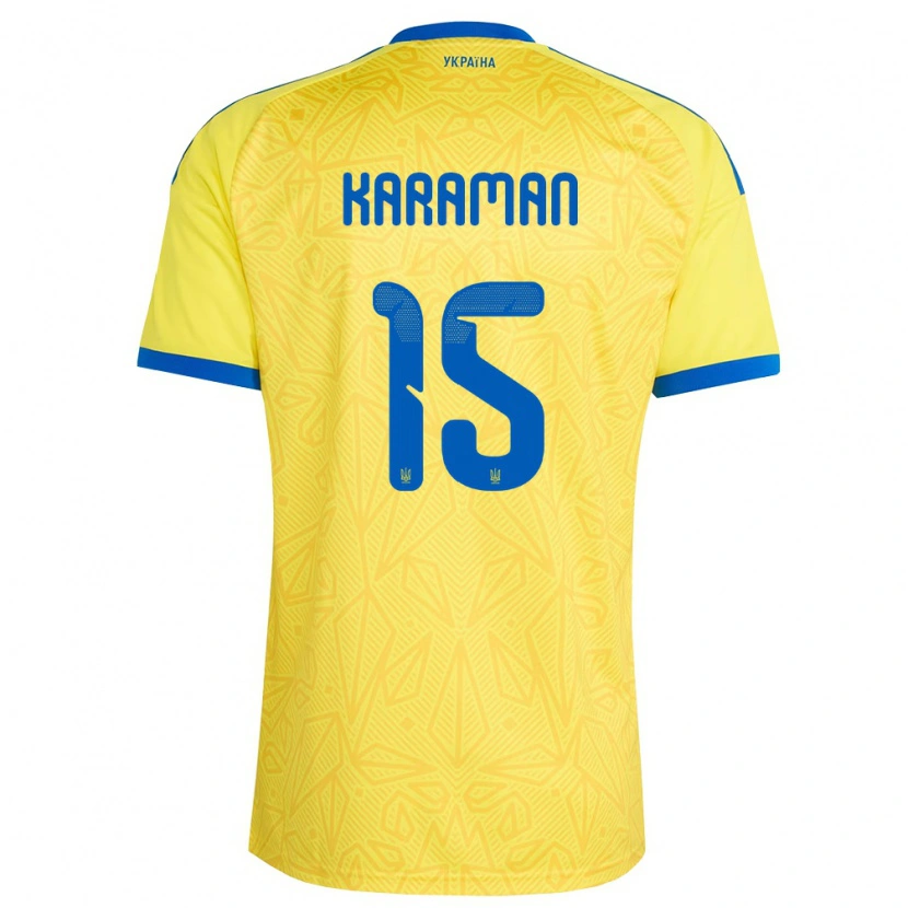 Danxen Dětské Ukrajina Yaroslav Karaman #15 Žlutá Modrá Domů Hráčské Dresy 26-28 Dres