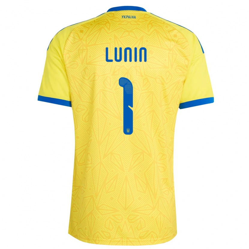 Danxen Dětské Ukrajina Andriy Lunin #1 Žlutá Modrá Domů Hráčské Dresy 26-28 Dres