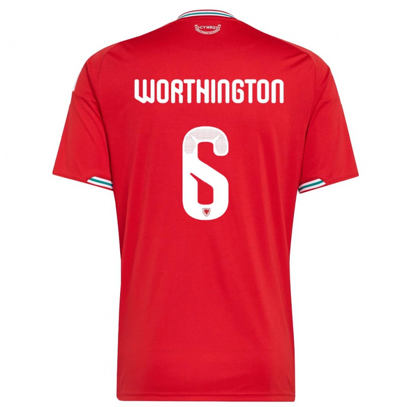 Danxen Dětské Wales Jacob Worthington #6 Červená Bílá Zelená Domů Hráčské Dresy 26-28 Dres