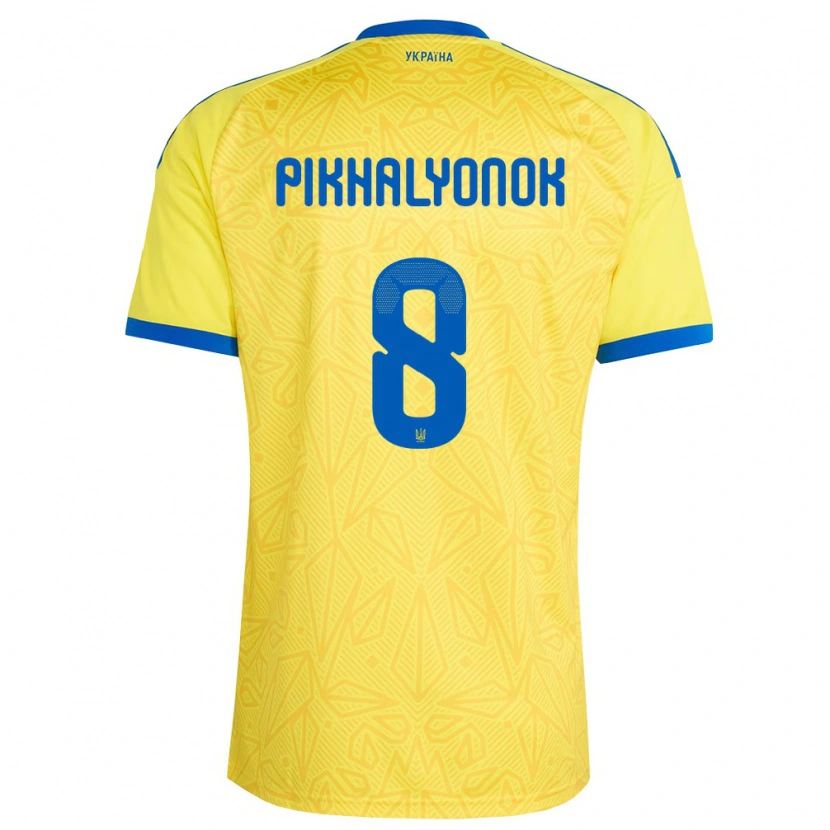 Danxen Pánské Ukrajina Oleksandr Pikhalyonok #8 Žlutá Modrá Domů Hráčské Dresy 26-28 Dres