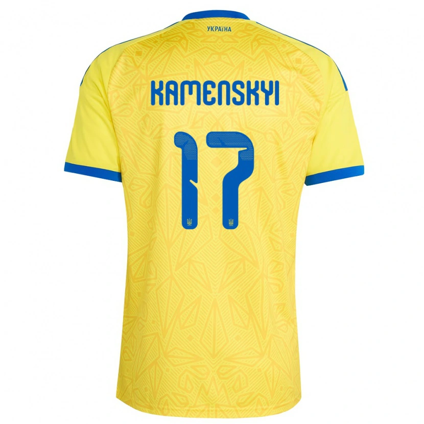 Danxen Pánské Ukrajina Oleksandr Kamenskyi #17 Žlutá Modrá Domů Hráčské Dresy 26-28 Dres