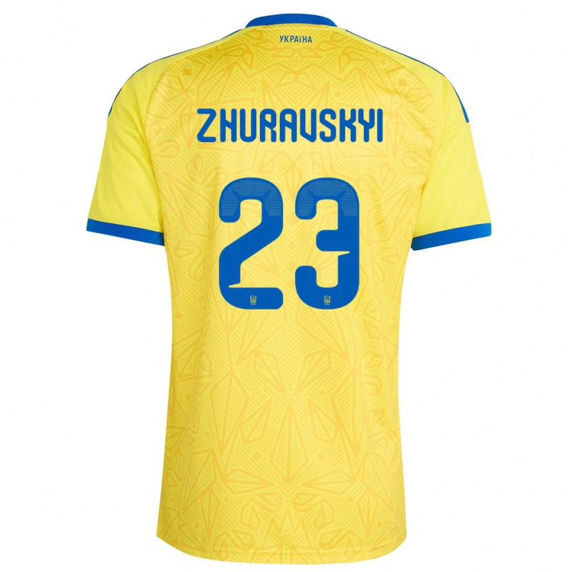 Danxen Pánské Ukrajina Yan Zhuravskyi #23 Žlutá Modrá Domů Hráčské Dresy 26-28 Dres