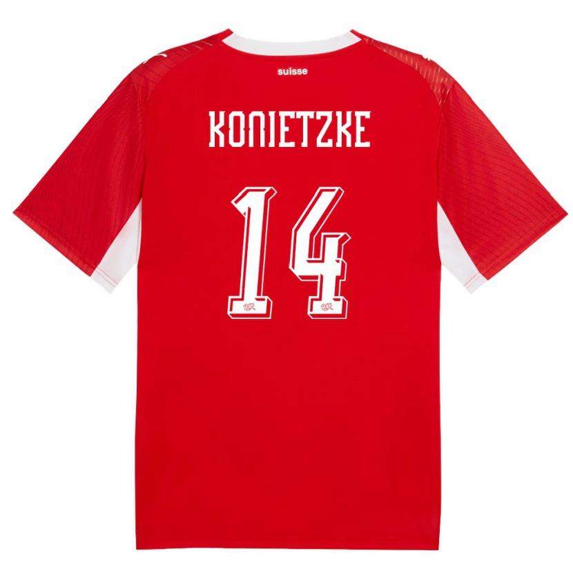 Danxen Dámské Švýcarsko Corsin Konietzke #14 Červená Bílá Domů Hráčské Dresy 26-28 Dres
