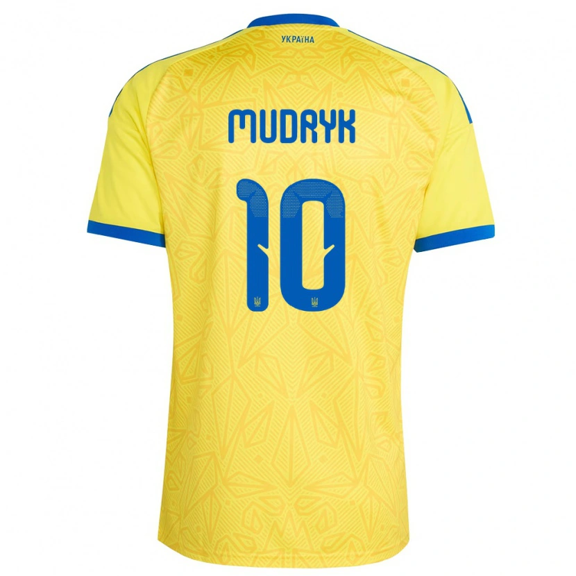 Danxen Dámské Ukrajina Mykhaylo Mudryk #10 Žlutá Modrá Domů Hráčské Dresy 26-28 Dres