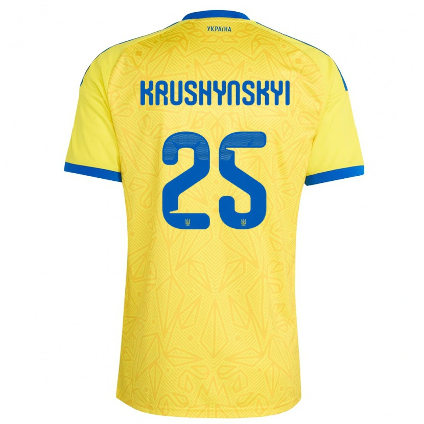 Danxen Dámské Ukrajina Borys Krushynskyi #25 Žlutá Modrá Domů Hráčské Dresy 26-28 Dres