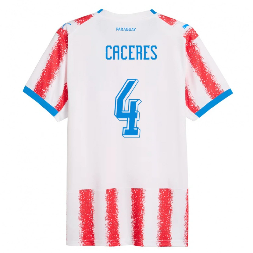 Danxen Dětské Paraguay Juan José Cáceres #4 Bílá Červená Modrá Domů Hráčské Dresy 26-28 Dres