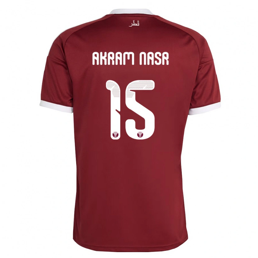 Danxen Dětské Katar Mohamed Akram #15 Červená Vínová Bílá Domů Hráčské Dresy 26-28 Dres