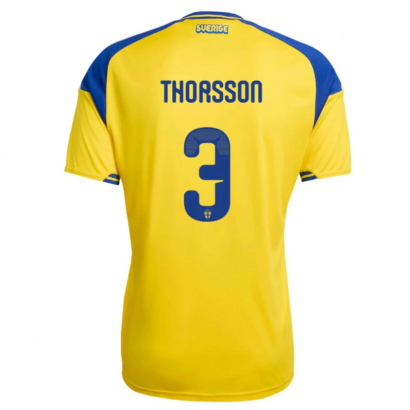 Danxen Dětské Švédsko Hampus Thorsson #3 Žlutá Modrá Bílá Domů Hráčské Dresy 26-28 Dres