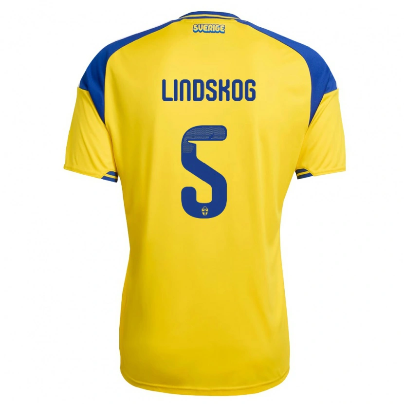 Danxen Dětské Švédsko Hugo Lindskog #5 Žlutá Modrá Bílá Domů Hráčské Dresy 26-28 Dres