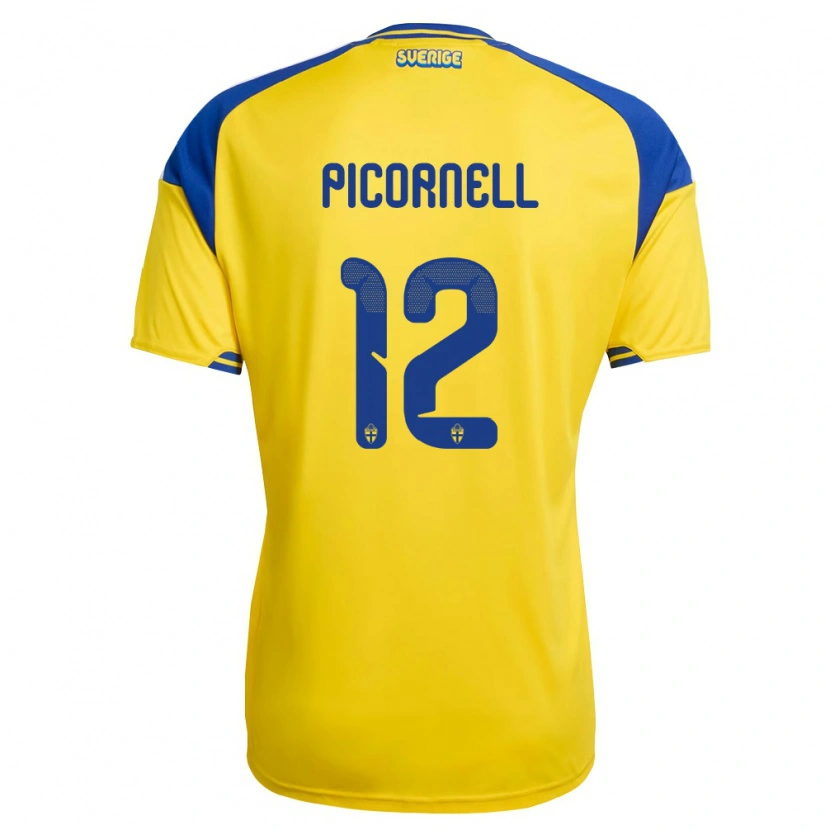 Danxen Dětské Švédsko André Picornell #12 Žlutá Modrá Bílá Domů Hráčské Dresy 26-28 Dres