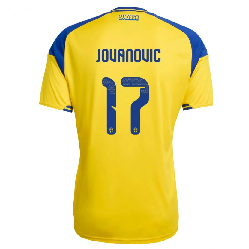 Danxen Dětské Švédsko Nikolas Jovanovic #17 Žlutá Modrá Bílá Domů Hráčské Dresy 26-28 Dres