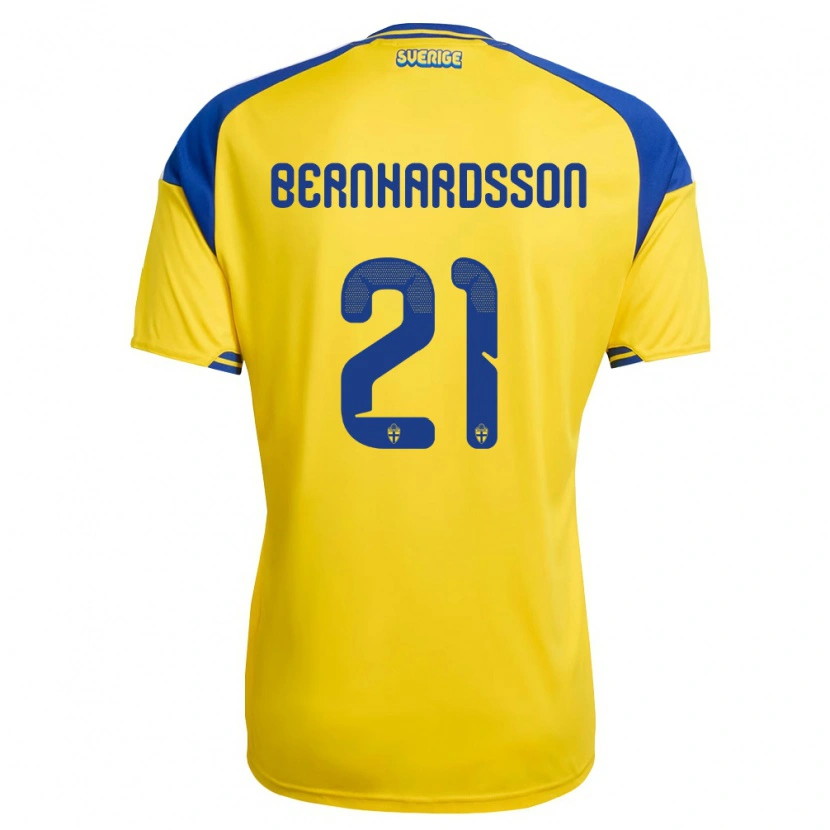 Danxen Dětské Švédsko Alexander Bernhardsson #21 Žlutá Modrá Bílá Domů Hráčské Dresy 26-28 Dres