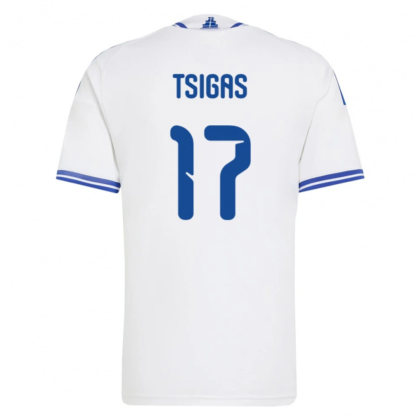 Danxen Dětské Řecko Stefanos Tsigas #17 Bílá Modrá Domů Hráčské Dresy 26-28 Dres
