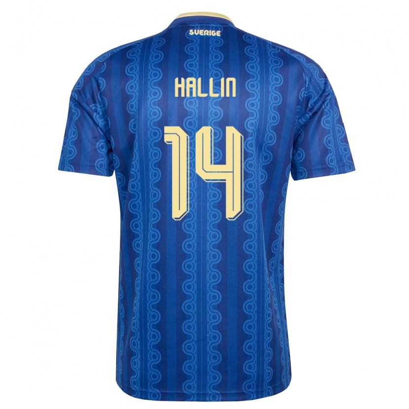Danxen Dětské Švédsko Malte Hallin #14 Modrá Námořnická Žlutá Daleko Hráčské Dresy 26-28 Dres