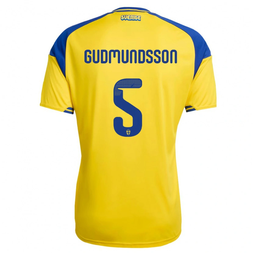 Danxen Pánské Švédsko Gabriel Gudmundsson #5 Žlutá Modrá Bílá Domů Hráčské Dresy 26-28 Dres