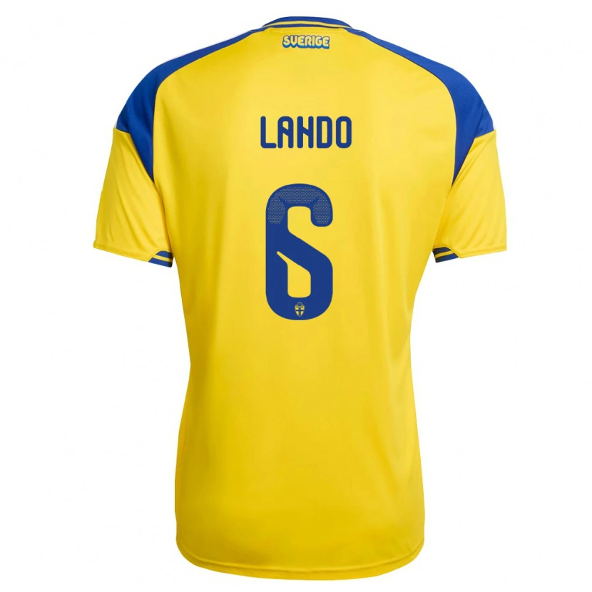 Danxen Pánské Švédsko Adrian Lahdo #6 Žlutá Modrá Bílá Domů Hráčské Dresy 26-28 Dres
