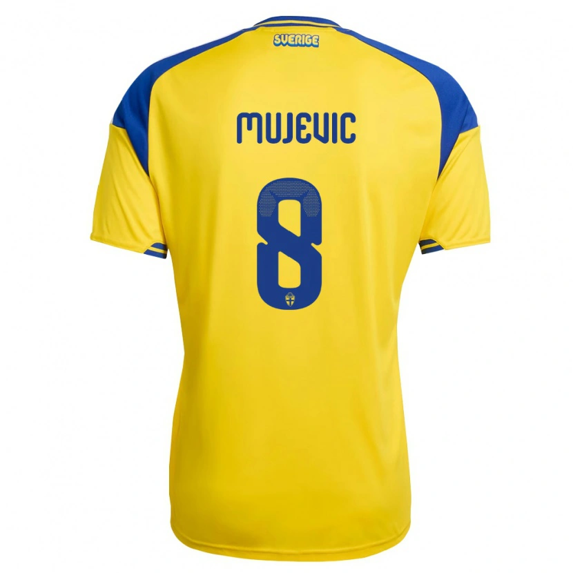 Danxen Pánské Švédsko Samin Mujevic #8 Žlutá Modrá Bílá Domů Hráčské Dresy 26-28 Dres