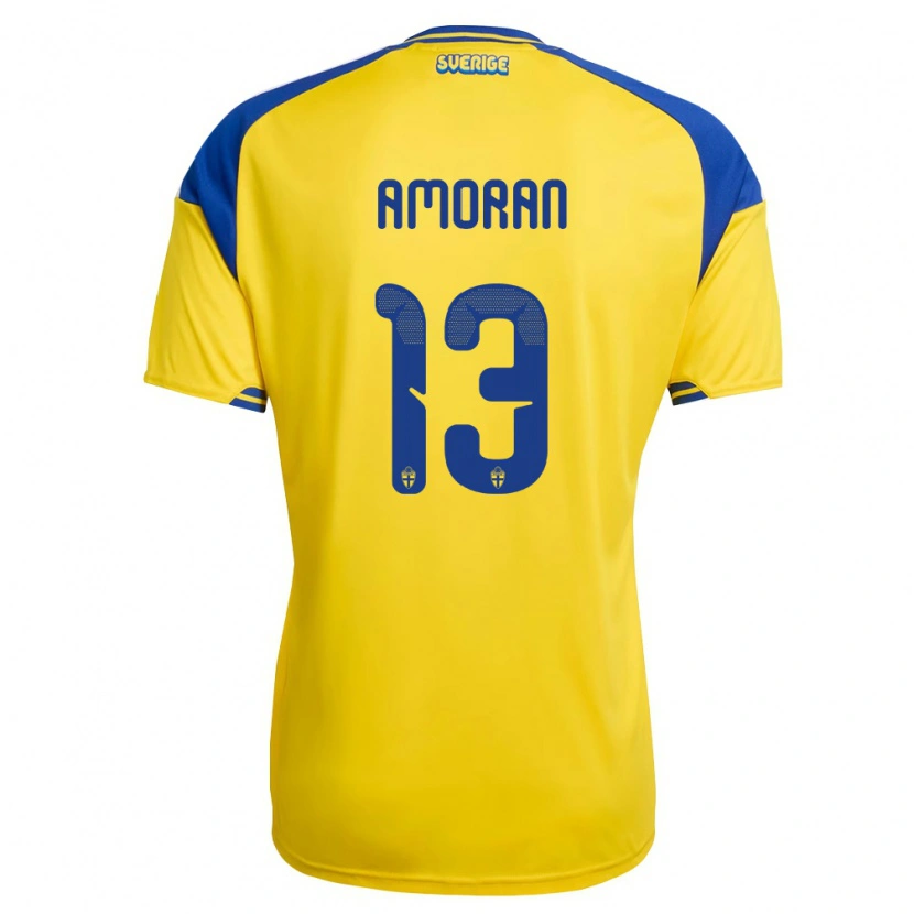 Danxen Pánské Švédsko Peter Amoran #13 Žlutá Modrá Bílá Domů Hráčské Dresy 26-28 Dres