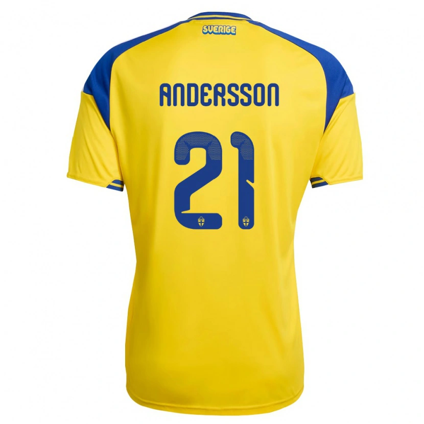 Danxen Pánské Švédsko Alexander Andersson #21 Žlutá Modrá Bílá Domů Hráčské Dresy 26-28 Dres