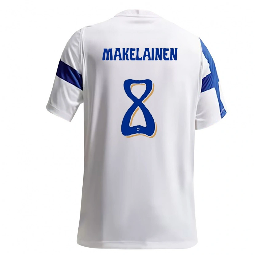Danxen Pánské Finsko Juuso Mäkeläinen #8 Bílá Modrá Domů Hráčské Dresy 26-28 Dres