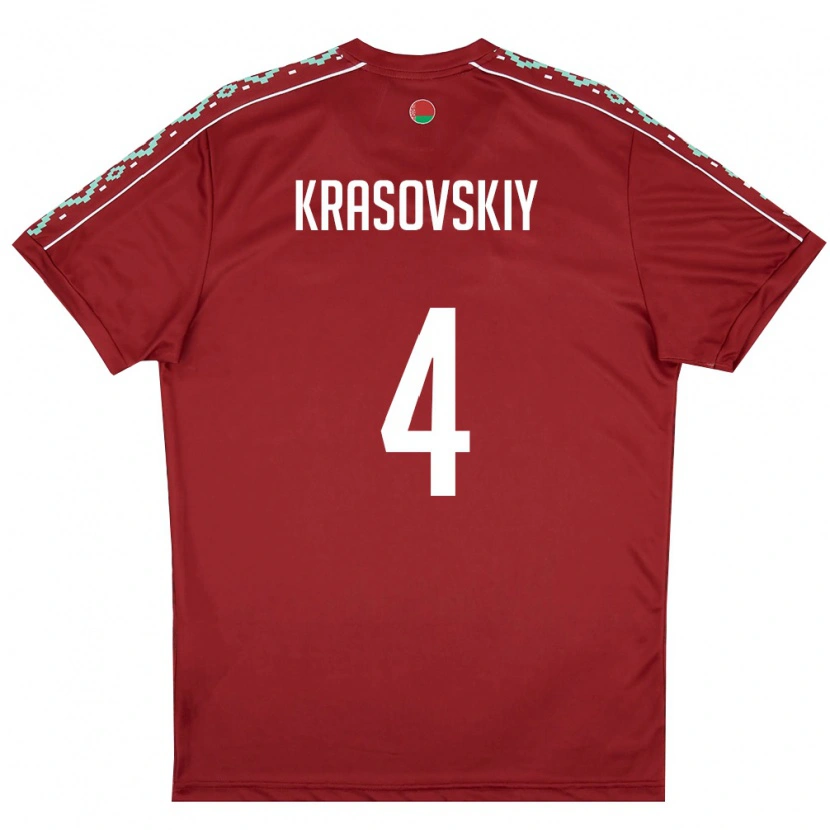 Danxen Pánské Bělorusko Vladislav Krasovskiy #4 Tmavě Červená Bílá Domů Hráčské Dresy 26-28 Dres