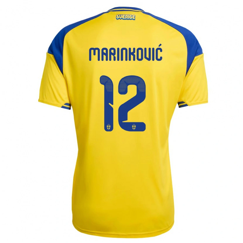 Danxen Dámské Švédsko Kristan Marinković #12 Žlutá Modrá Bílá Domů Hráčské Dresy 26-28 Dres
