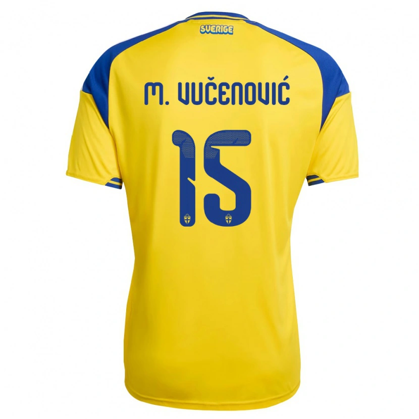 Danxen Dámské Švédsko Melvin Vučenović Persson #15 Žlutá Modrá Bílá Domů Hráčské Dresy 26-28 Dres