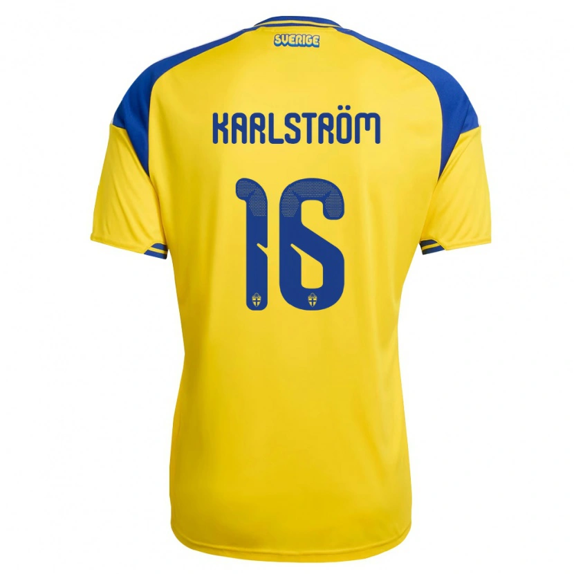Danxen Dámské Švédsko Jesper Karlström #16 Žlutá Modrá Bílá Domů Hráčské Dresy 26-28 Dres