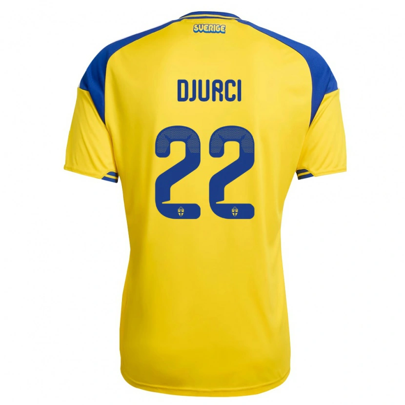 Danxen Dámské Švédsko Oliver Djurci #22 Žlutá Modrá Bílá Domů Hráčské Dresy 26-28 Dres