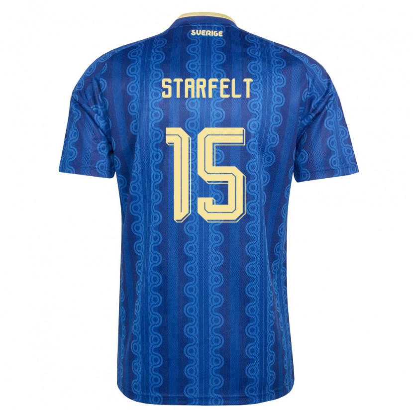 Danxen Dámské Švédsko Carl Starfelt #15 Modrá Námořnická Žlutá Daleko Hráčské Dresy 26-28 Dres
